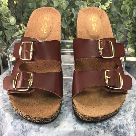 Sandalias Latinas SL Brown 2-Buckle Cork Bottom Platform Sandals WMS 6M☀️NEW☀️ - Picture 2 of 10